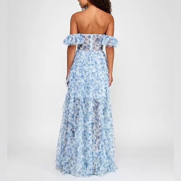 City Studios Juniors' Ruffled Off-The-Shoulder Corset Gown White/Navy Sz 13/14 - Picture 6 of 11